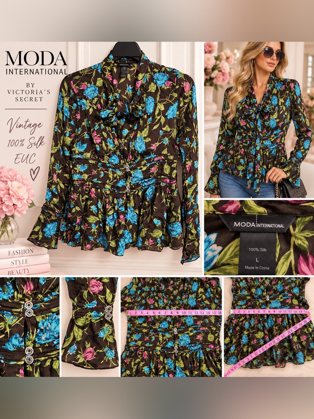 Sz L MODA International 💯 Silk Brown Floral Tie-Neck Blouse Blue & Pink Flower
